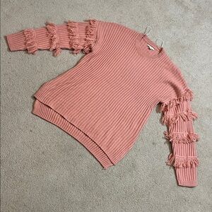 Fringed Pink/Salmon Sweater, ribbed, crewneck, size Large, KATE & SAM